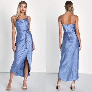 Lulus Sophisticated Sight Periwinkle Satin Jacquard Cowl Midi Dress Wedding Prom